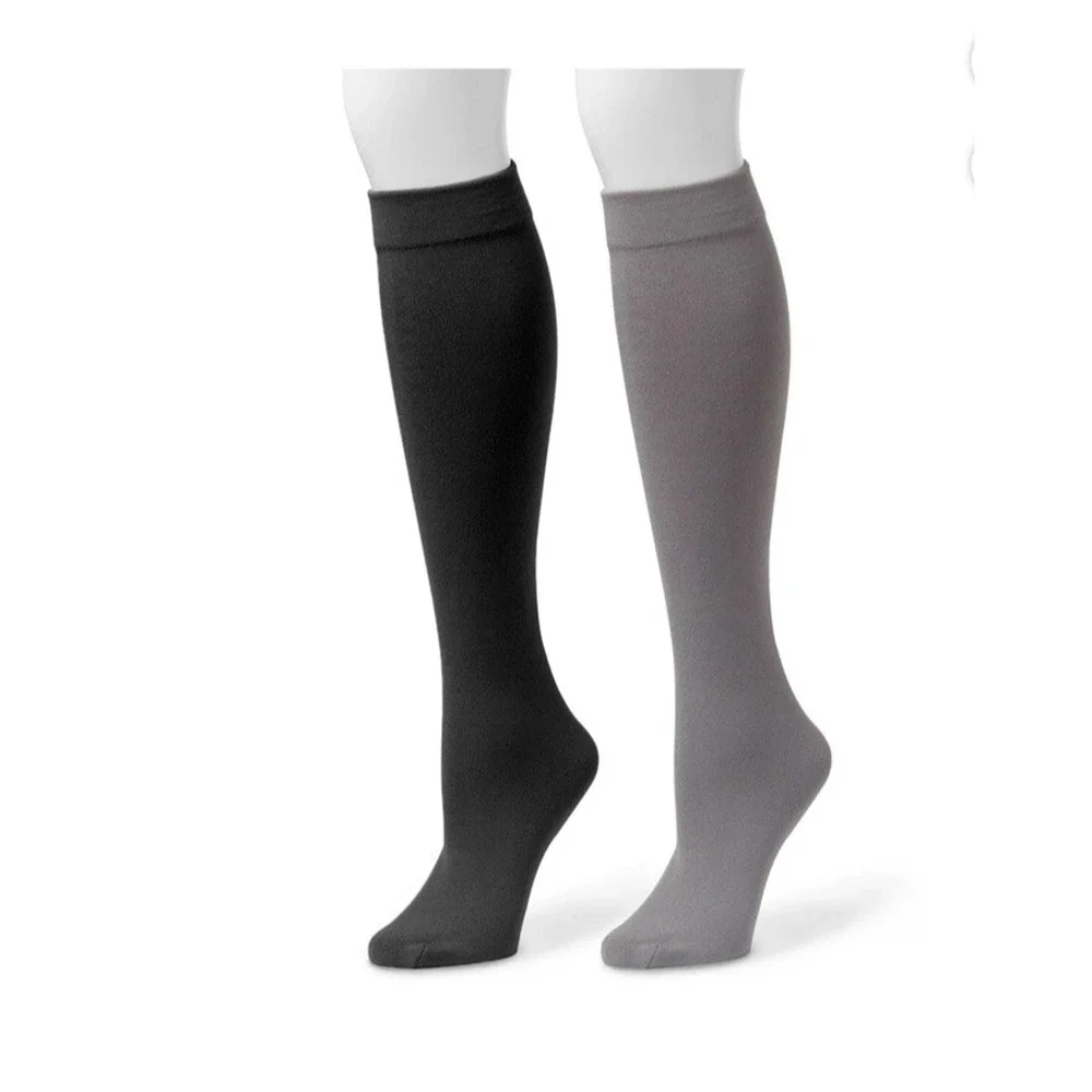 Muk Luks Women's 2-Pack Fleece Lined Knee High Socks Small/Medium Black Gray